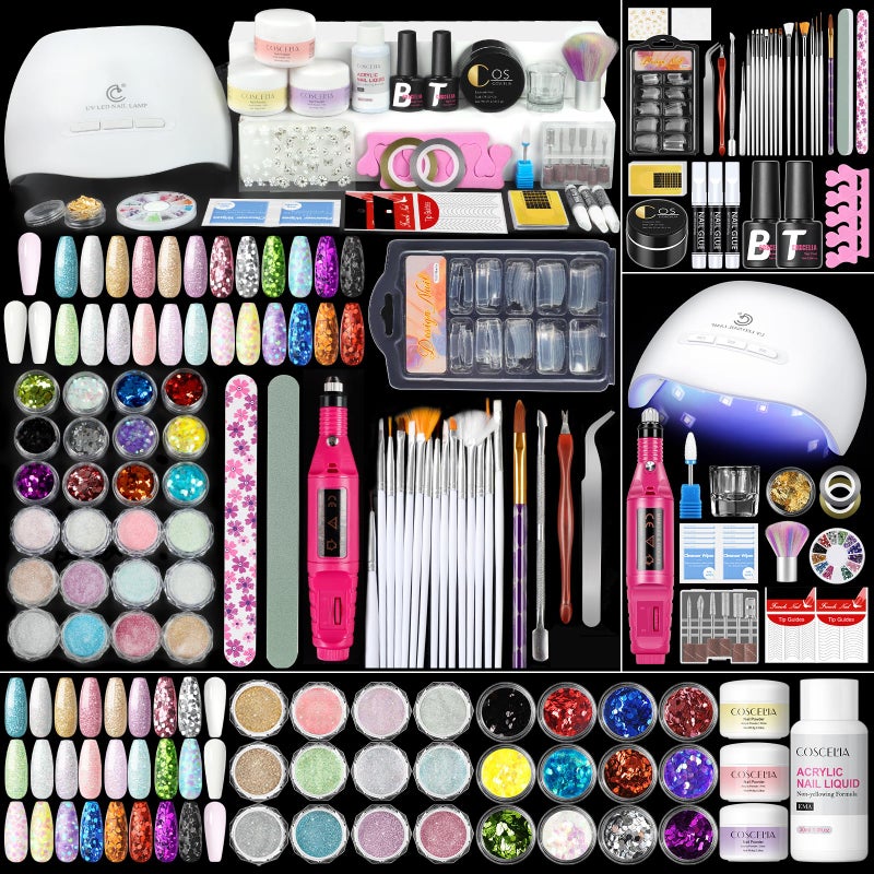58PCS Acrylic Nail Kit for Beginners with Everything 3 Colors Professional Acrylics Powder with Drill and U V Light 24pcs Glitter Decoration Powder Complete Nail Kit Acrylic Set Home Salon Design